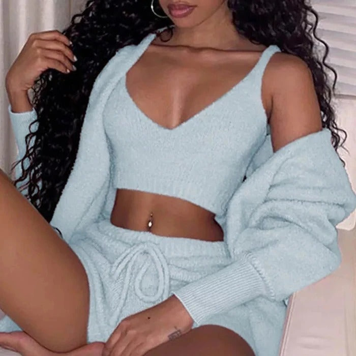A 3‑piece women’s loungewear set that blends soft comfort with simple elegance. A long‑sleeve crop top, a lightweight tank, and drawstring shorts for a relaxed, confident look at home.
