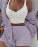 A 3‑piece women’s loungewear set that blends soft comfort with simple elegance. A long‑sleeve crop top, a lightweight tank, and drawstring shorts for a relaxed, confident look at home.