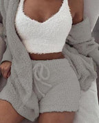 A 3‑piece women’s loungewear set that blends soft comfort with simple elegance. A long‑sleeve crop top, a lightweight tank, and drawstring shorts for a relaxed, confident look at home.
